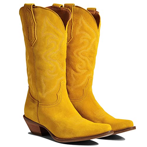 Image of LEHOOR Cowboy Boots Women Embroidered Mid Calf Western Boots Stacked Low Heel Pointed Toe Pull On Cowgirl Boot 4-11 M US