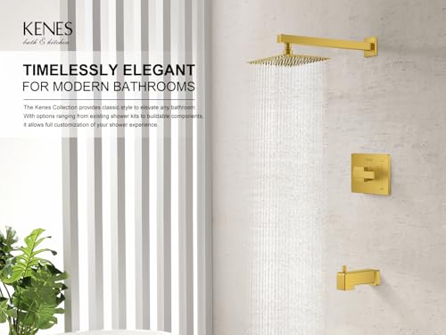 Image of KENES Brushed Gold Shower Set with Tub Faucet, Square Tub Shower Faucet Set