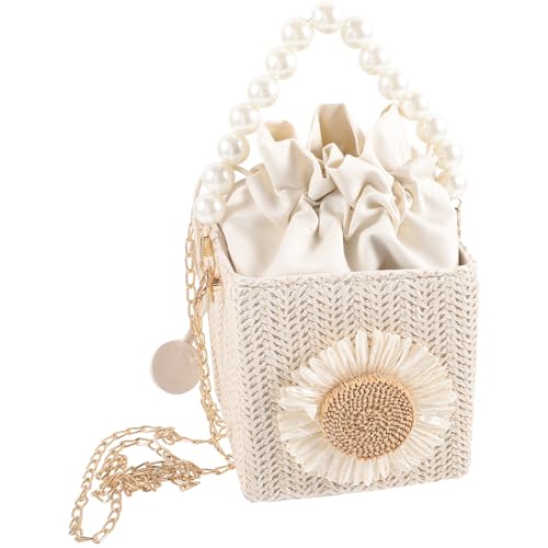 Straw Pearl Crossbody Bag Straw Drawstring Purse Rattan Bucket Bag With Pearls Chain Shoulder Purse Beach For Women Lady
