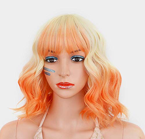 AISI HAIR Bob Wavy Short Curly Wigs With Bangs Mixed Blonde And Orange Cosplay Wigs For Women Halloween Bob Synthetic Resistant Fiber Wigs for Girl(613/24C)