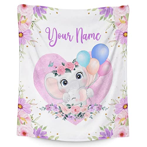Personalized Elephant Blanket Gifts with Name - 50"x60" Cute Throw for Women Girls - Purple Soft Fuzzy Blankets for Bed, Couch & Living Room