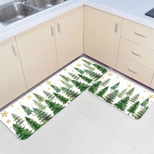 Christmas Kitchen Rugs Set 2 Pieces, Green Pine Tree Xmas Kitchen Mats for Floor Winter Snowflake Standing Floor Mat, Low-Profile Runner Rug for Christmas Winter Holiday Decorations 16