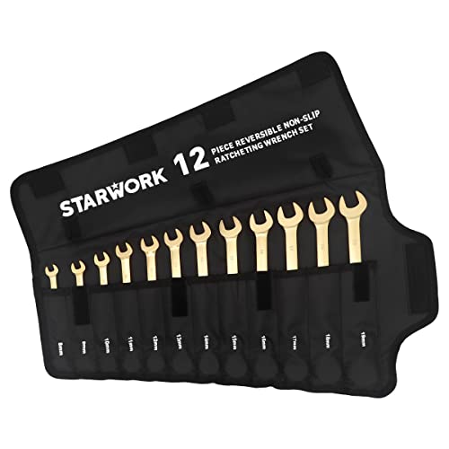 STARWORK 12 Pc. 6-Point Metric 15° Offset Vintage G-Plating Reversible Non-Slip Long Pattern Ratcheting Combination Wrench Set (8-19 mm) - Image 4