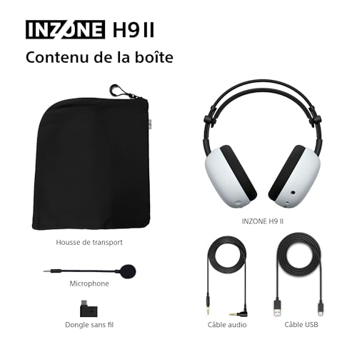 Sony INZONE H9 II Casque Gaming sans Fil à réduction de Bruit - Conçu avec Fnatic, Son Spatialisé 360, Micro Reduction de Bruit avec AI, 30h autonomie, Léger, Bluetooth/Le/2.4GHz/Jack, PC - Blanc
