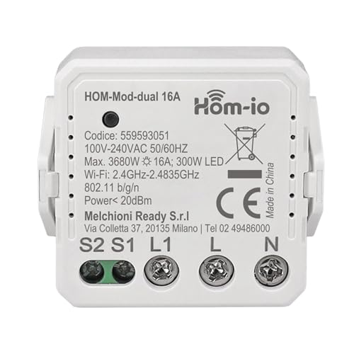 Hom-Io | Modulo Switch da Incasso 16A 1 Canale WiFi, Switch per il Controllo di Illuminazione e Dispositivi, Comandabile da App o Interruttore