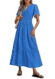 PRETTYGARDEN Womens 2025 Summer Maxi Dress Short Sleeve V Neck Hollow Out Eyelet A Line Long Flowy Beach Vacation Dresses (Blue,Large)