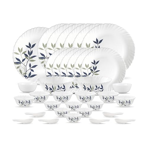 Image of La Opala Novo Collection Opal Glass Crockery | for Family of 6 | Dinner Set 35 pcs Silken Charm | Plates & Bowls for Dining | Microwave Safe | 100% Vegetarian | Extra Strong | Light & White