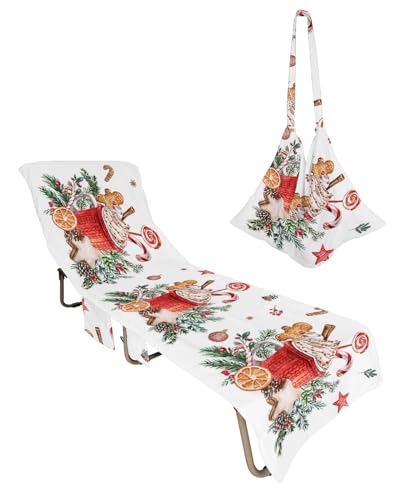 Merry Christmas Beach Chair Towel Covers for Chaise Lounge with Side Pocket, Soft Plush Pool Towels Cover for Patio Sunbathing Outdoor 29''x85'' Red Flower Winter Berry White