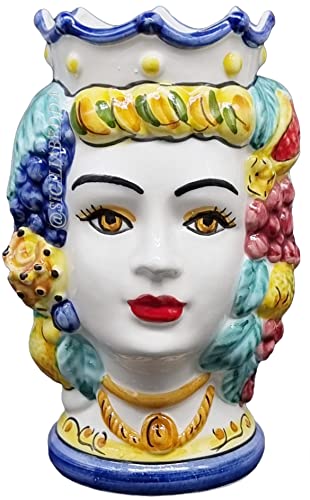 sicilia bedda - Teste di Moro SICILIANE in Ceramica di CALTAGIRONE - Realizzate a Mano - Altezza Centimetri 18 (Donna, Corona Blu)