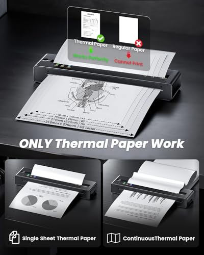 TATTMUSE Inkless Portable Printers Wireless for Travel, Small Thermal Printer Compatible with iPhone Laptop, Bluetooth Mobile Printer for School/Office/Home Use Support 8.5