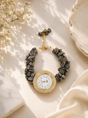 Image of ARKN Crystal Bracelet Watch for Women | Natural Gemstone Beaded Wrist Watch | Gold-Tone Dial with Rhinestone Bezel | Adjustable Fashion Jewellery Gift for Women & Girls