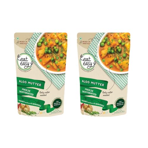 Image of Eat Easy Ready to Eat Aloo Mutter Sabzi Freeze Dehydrated- 75g (Pack of 2) | Just Add Hot Water & Cook | Each Pack Serves 2 | Instant Meal for Travel, Camping, Office & Home | No Preservatives, Colours