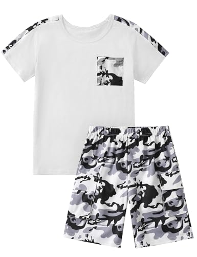 Image of mksodopy Boys Summer Outfit Set 2 Piece T Shirt and Camo Shorts Casual Clothes for Little Big Boys 5-16