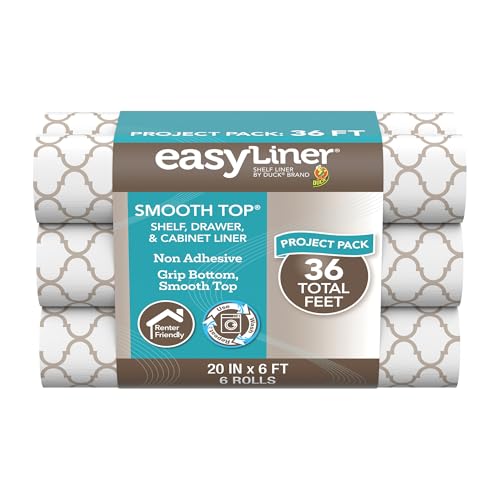 Smooth Top EasyLiner for Cabinets & Drawers, Easy to Install, Shelf Paper & Drawer Liner Non Adhesive, Non Slip Shelf Liner for Pantry, Kitchen Essentials, 20 in x 6 ft (6 Pack) 36ft, Taupe Quatrefoil