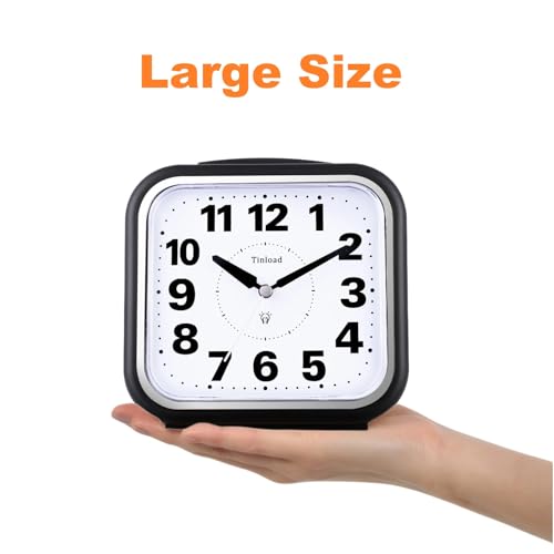 Image of Tinload 5.5 inch Large No Ticking Analog Alarm Clock,Silent Readable for Seniors,Easy to Set,Gradual Rise Alarm,Big Numbers,Gentle Wake,Snooze, Lighted on Demand,Battery Operated,Black