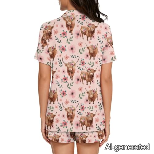 Image of Renewold Women's Short Sleeve Pajama Set Button Down Sleepwear with Notch Collar Soft Lounge Top and Shorts with Pockets
