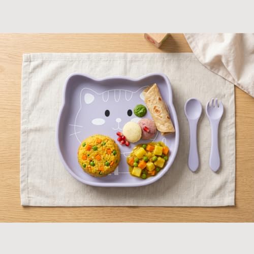 Image of TIGGY & BONNET Cat 2 Pcs Silicone Baby Feeding Set for Baby Bpa-Free | Microwave Safe, Anti-Slip Base | Tableware Kit for Babies & Toddlers with Suction Plate & Spoon