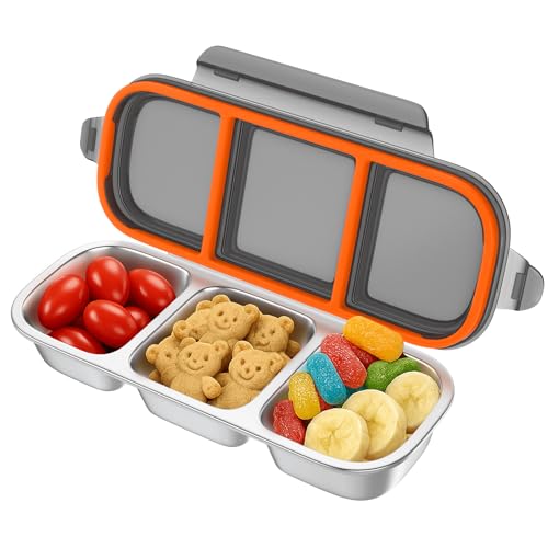 OZONOG Stainless Steel Snackle Box Container - 3 Compartment Reusable Snack Containers with Lids for Kids, Leak-Resistant Divided Snack Food Storage Containers for School, Office, Travel (Gray)