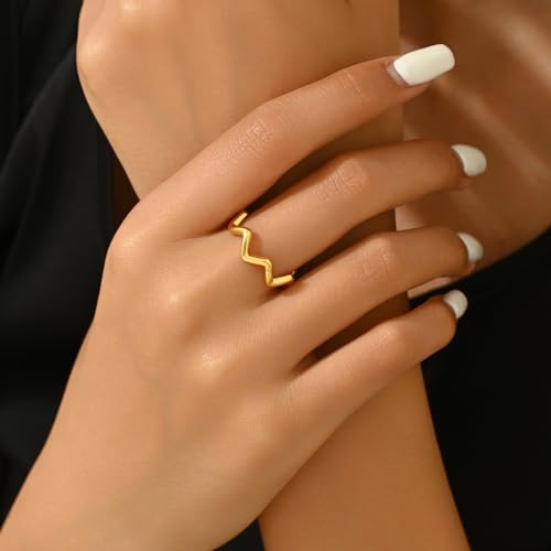 Stackable Gold Rings for Women Dainty Open Cubic Zirconia Wave Cuban Rings Trendy Adjustable Wedding Eternity Bands Non Tarnish2