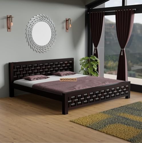 Image of Sheesham Wood Bed Without Storage Solid Wooden Cot Bed Elegant and Functional Bedroom Living Room Home (Dark Walnut, Queen)