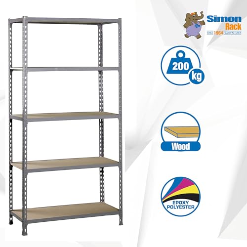 Simon Rack Schwerlastregal, 2000x1200x300 mm, Bis 200 kg Belastbar, 5 Verstellbare Ablagen, MDF-Platten, Kellerregal, Lagerregal, Grau/Holz - Maderclick