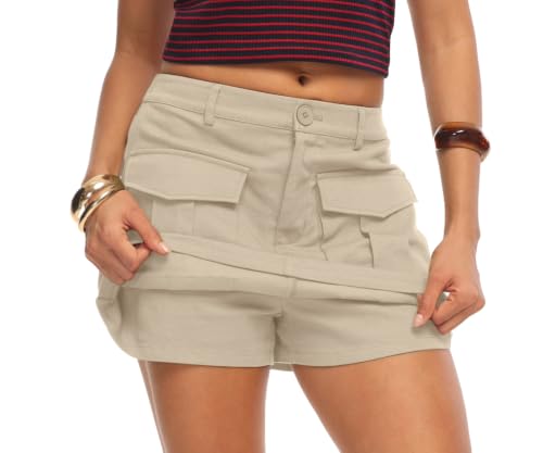 HiMONE Utility Cargo Skort for Women High Rise Mini Skirt Shorts with Functional Pockets Trendy Casual Outfit(Apricot-M)