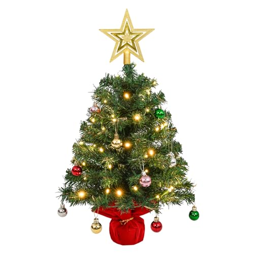 Uten Árvore de Natal, Árvore de Natal Mini de 60 cm, com 50 Luzes LED, Estrelas e 28 Bolas de Natal, para Escritório, Sala, Parapeito da Janela, Decoração de Natal para Secretária