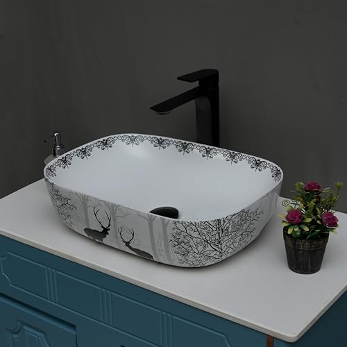 Image of Designer Glossy Finish Table Top Ceramic Wash Basin Vessel Sink with Slim Rim | Collapsible Wash Basin | Wash Basin for Bathroom | Ceramic Bathroom Sink (Animal Printed, 18 x 13 x 5.5 Inch)