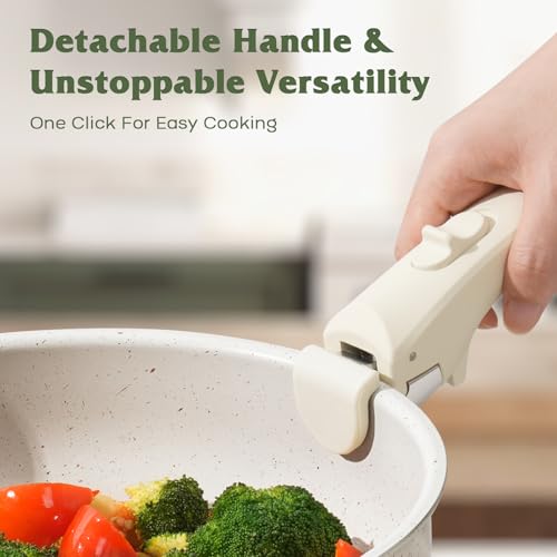 Image of SODAY 18Pcs Pots and Pans Set Non Stick,Detachable Handle, Oven Safe | Nonstick,white, Aluminum, Granite coating,induction ready, RV kitchen, stackable design, space-saving for small kitchens