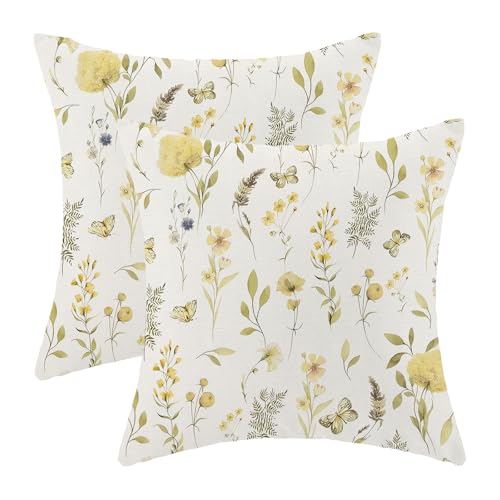 Image of Spring Pillow Covers 20x20 Inch Set of 2, Mustard Yellow Green Wild Flower Throw Pillows Case,Colorful Seasonal Floral Plant Outdoor Decorative Farmhouse Decor Cushion Covers for Sofa Bed Couch