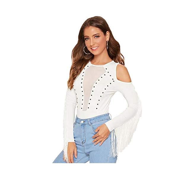 SweatyRocks-Womens-Cold-Shoulder-Fringe-Long-Sleeve-Sheer-Mesh-Jumpsuit-Bodysuit SweatyRocks Women's Cold Shoulder Fringe Long Sleeve Sheer Mesh Jumpsuit Bodysuit White X-Small