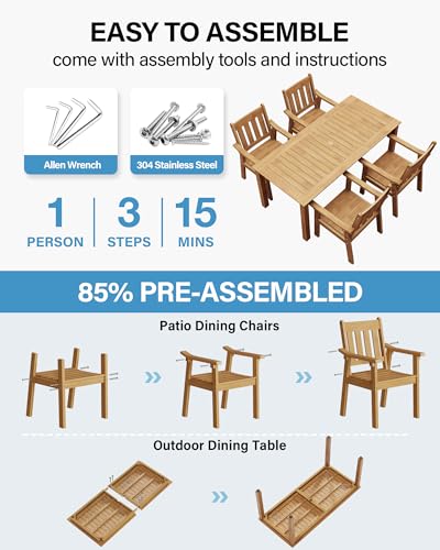 Image of YEFU HIPS Patio Table Set: 5 Piece Outdoor Table and Chairs Dining Furniture Set with Umbrella Hole - Teak Modern Plastic Dining Sets 4 Person for Outside Deck with Metal Aluminum Frame