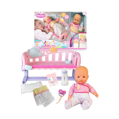 Nenuco - Durma comigo, berço 3 em 1 com boneca de 35 cm e corpo branco, inclui chupeta, biberão, manta e estrela com luz e som, adapta-se a qualquer cama, 2 anos, famosa (NFND1000)