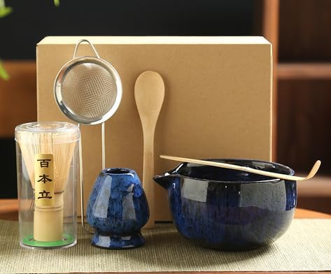 6 Piece Matcha Tea Set with Bamboo Whisk, Teaspoon, Bowl, Whisk Holder, Blue Ceramic, Traditional Tea Ceremony Tools