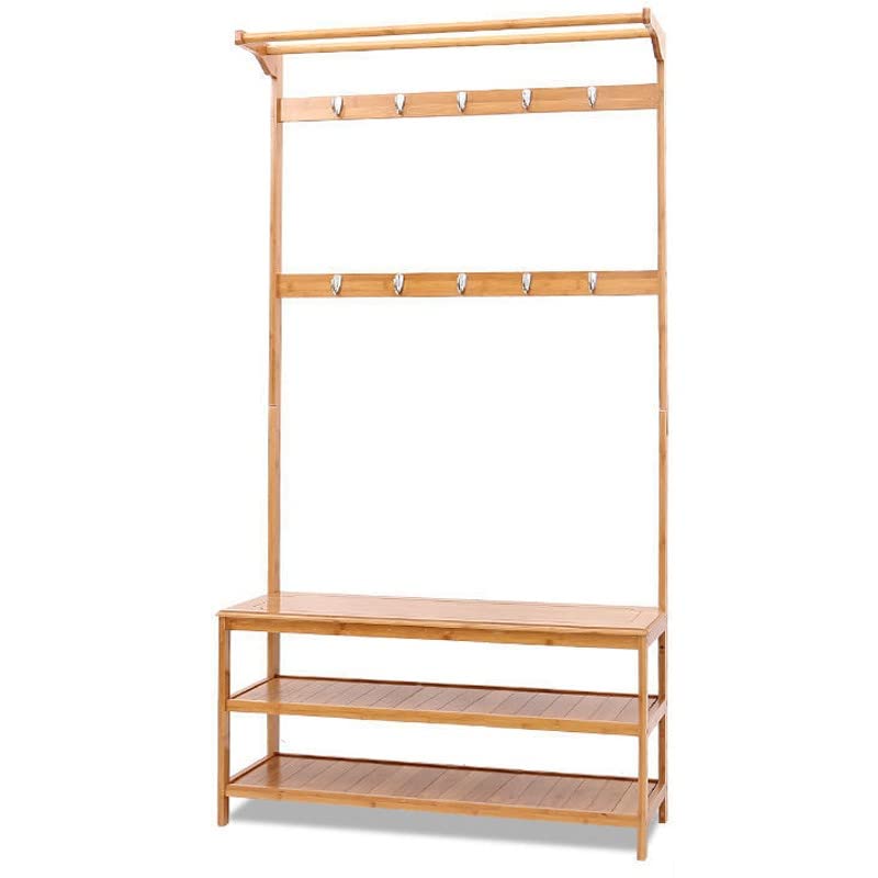 Clothes Rod Rack Double Poles Clothes Rail Heavy Duty Coat Rack in Bamboo with Shoe Stool and Hooks