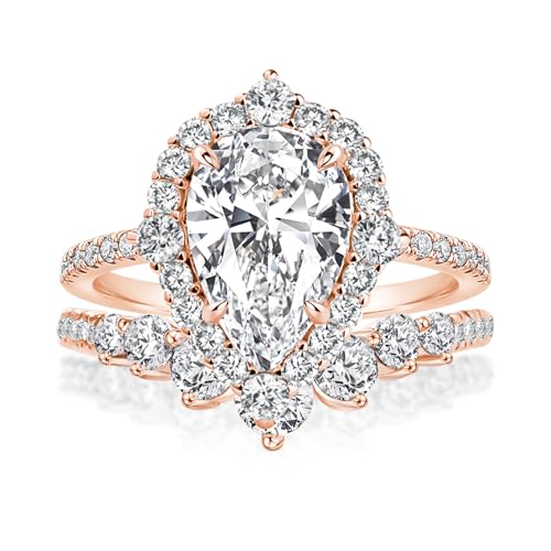 2.5CT Halo Pear Cut Bridal Ring Set,CZ Simulated Diamond Wedding Ring Set In Rose Gold Plated 925 Sterling Silver