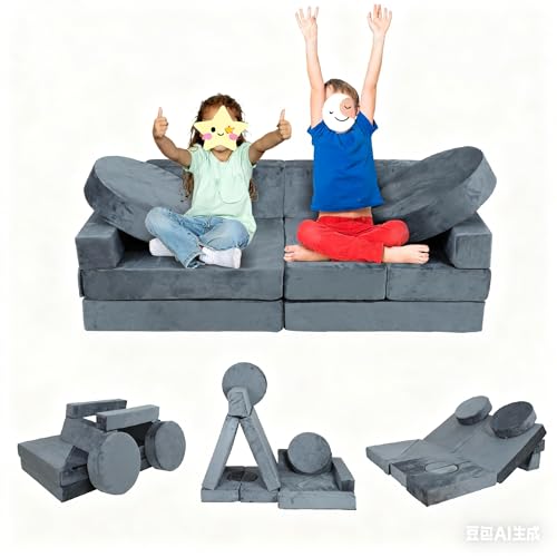 Image of PERFECT GARDEN 14-Piece Modular Kids Play Couch - Build Forts, Couches & More - Foam Play Sofa for Playroom/Bedroom - Gifts for Boys, Girls & Teens (Gray)