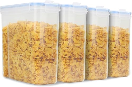 Cereal Containers | 4 Litre Food Containers | Airtight Food Storage Dispenser | Easy Pour Lid | Fresh Seal Clips | Ideal for Cornflakes, Pasta, Rice, Flour | Set of 4 - Labels & Pen Included