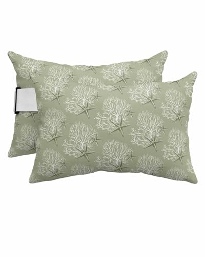 Anzona Pack of 4 Sage Green Coastal Lumbar Pillow Covers, Outdoor Waterproof Throw Pillow Covers Set, Nautical Summer Beach Coral Starfish Decorative Cushion Case for Patio Beach, 11x16 Inch
