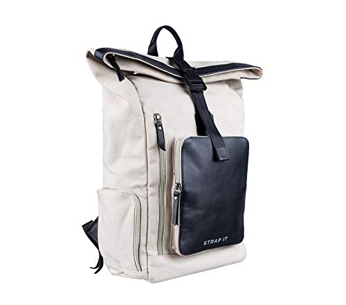 Image of Strap It TABI - Multipurpose Canvas Rolltop Laptop Backpack with Genuine Leather Details