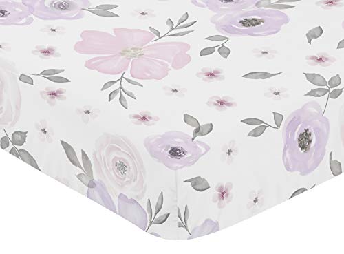 Sweet Jojo Designs Purple and Grey Watercolor Floral Baby Fitted Crib Sheet for Infant Newborn Nursery Toddler Bed Room Standard Mattress - Boho Shabby Chic Rose Flower Pink, Lavender, Gray and White