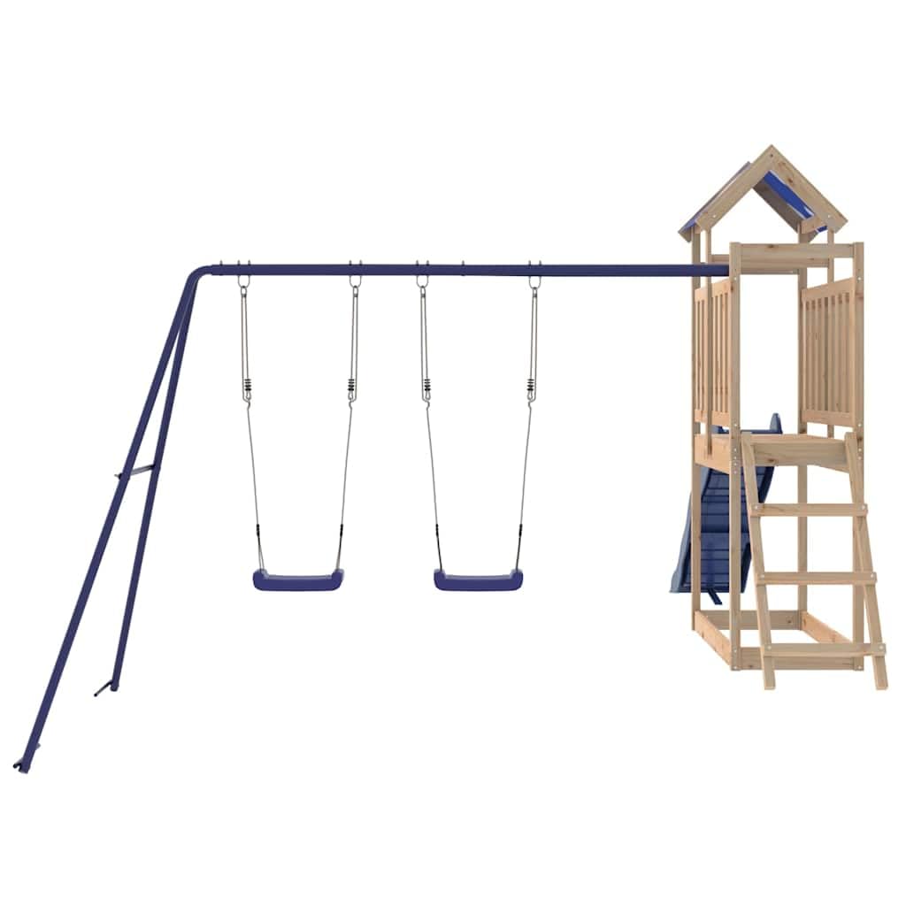 Torre de juegos de madera maciza de pino con tobogán ondulado, columpio doble, arenero y escalera para jardín, patio y terraza, pedestal de 90 cm, parque infantil para niños de 3 a 8 años