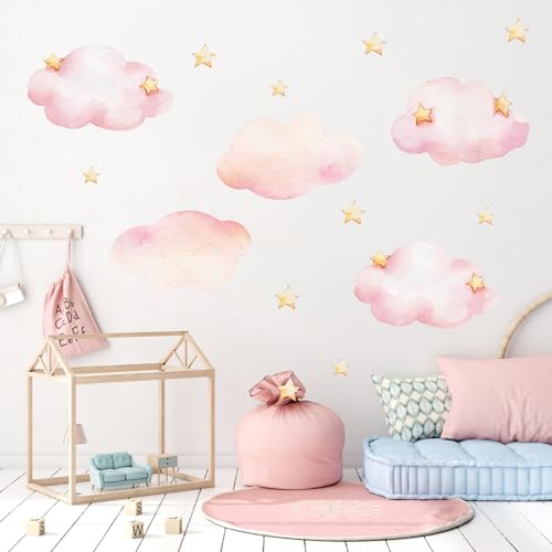 Vinilo Decorativo Infantil de Nubes y Estrellas Rosa miniatura 1