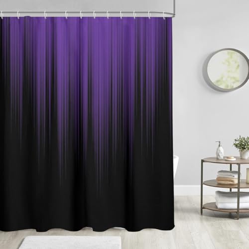 Image of AAtter Purple and Black Ombre Shower Curtain 72x72 Inch, Dark Gothic Aesthetic Polyester Fabric Bathroom Decor with 12 Hooks, Moody Abstract Striped Bathtub Set