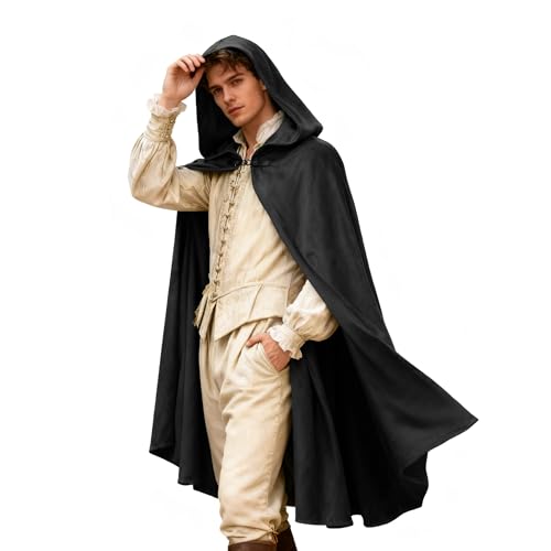 VZQI Renaissance Hooded Cloak Hobbit Halloween Medieval Costume Adult Cosplay Short Cape for Men and Women (Black Medium)