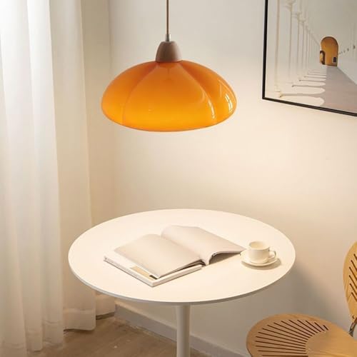 Lustre réglable en hauteur verre orange et bois noble - 8