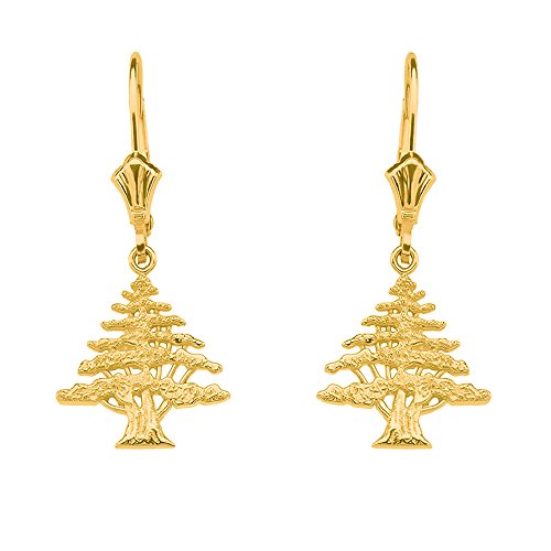 Lebanese Cedar Tree Dangle Earrings in Textured 14k Gold