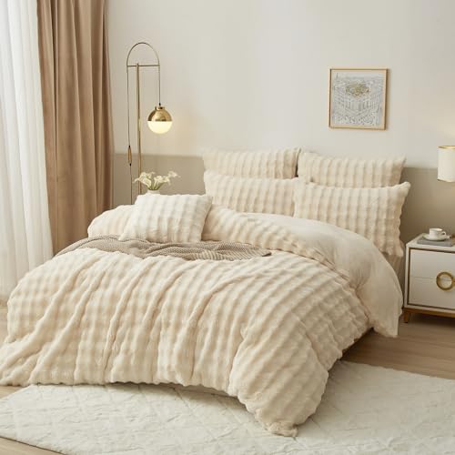Luowei Ropa de cama de felpa de 200 x 200 cm, cálida ropa de cama de invierno, color blanco y crema, mullida, reversible, con cremallera y 2 fundas de almohada de 80 x 80 cm