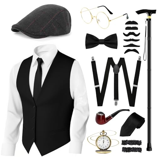 Acessórios para homem dos anos 20, fantasia de gangster Gatsby dos anos 20, roupas dos anos 20, acessórios com colete, boina, gravata, gravata, gravata, barba, pulseira, Preto, L