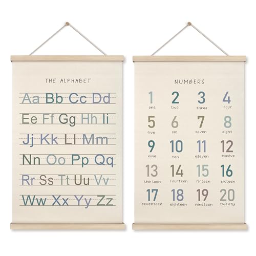 Image of HRQKO Alphabet Numbers Poster Hanger Frame Set of 2, Nursery Wall Decor, Boho ABC Poster Wall Art with Wooden Frames, Alphabet Banner Wall Hanging Decor for Boy Toddler Room Playroom, 16x24 inch